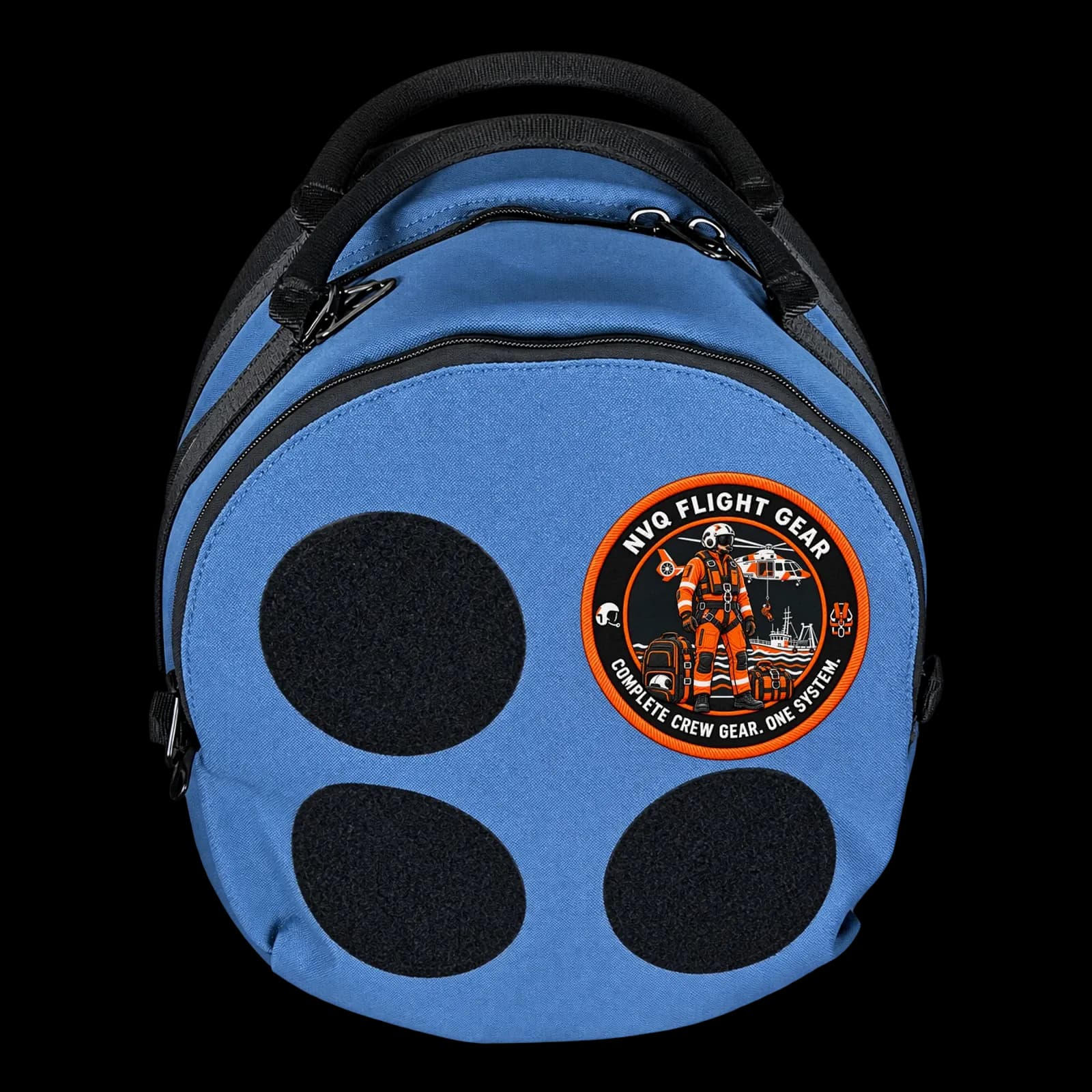 Blue 20 L helmet bag — velcro badge panel with an NVQ Flight Gear patch fitted and three free Ø 10 cm slots